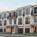 Exterior of 121 East Townhomes at dusk