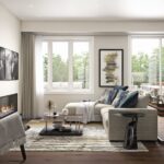 Living room with fireplace at West and Post