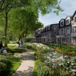Exterior front walkway of Flora townhomes covered with landscaped greenery.