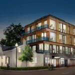 Exterior of The Sixteen condos in Oakville, at night